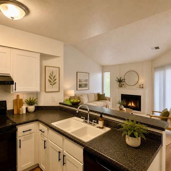 a modern kitchen with a black countertop and white cabinets.