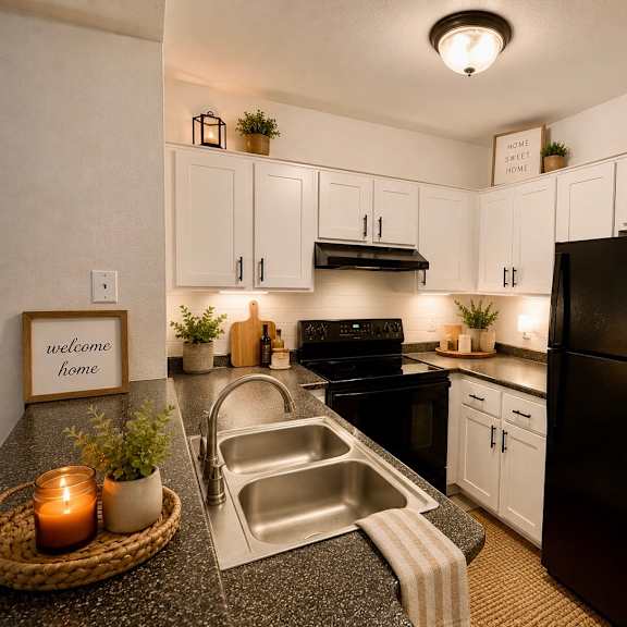 a kitchen with a black refrigerator, white cabinets, and a countertop with a tray of candles.
