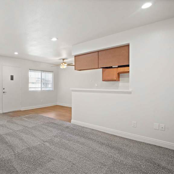 a room with a carpeted floor and a window with blinds.