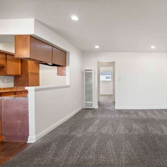 a room with a grey carpet and wooden cabinets.