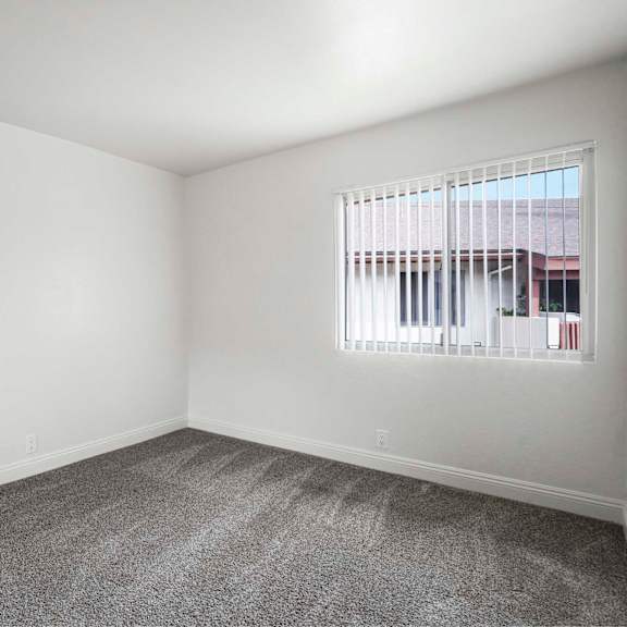 a room with a carpeted floor and a window with blinds.