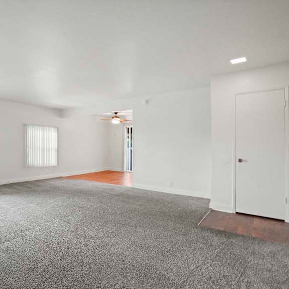 a large empty room with a grey carpet and white walls.
