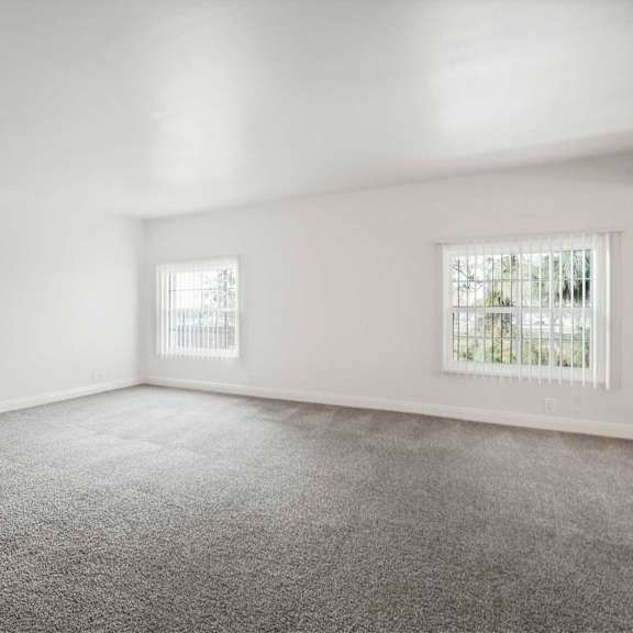 a room with a carpeted floor and two windows.