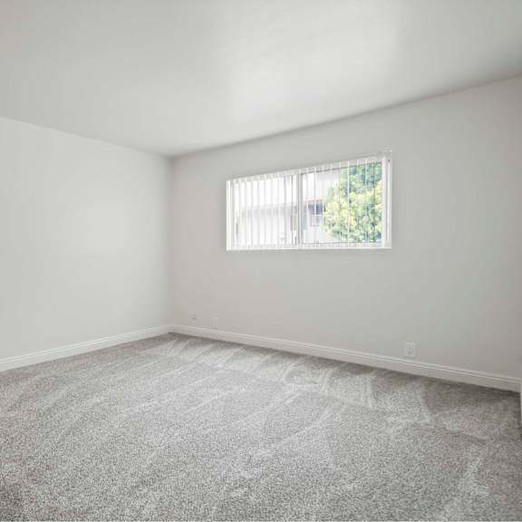a room with a window and a carpeted floor.