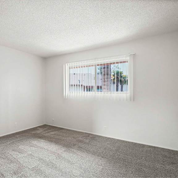 a room with a carpeted floor and a window with blinds.