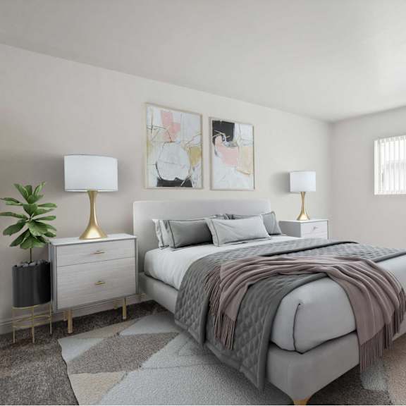 a bedroom with a large bed and a plant on the nightstand.