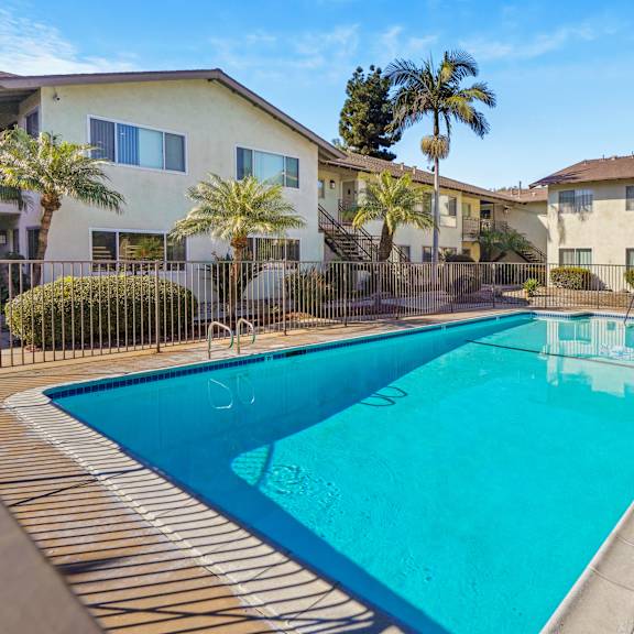 a swimming pool in a residential area with houses and palm trees.