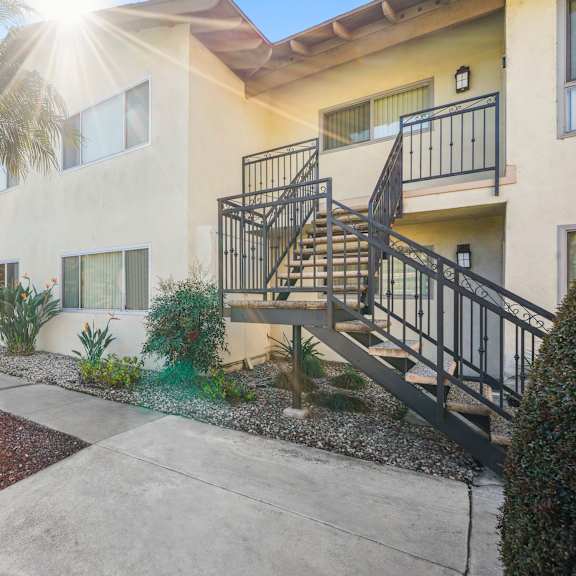 a sunny day at a modern apartment complex with a palm tree in the front yard.