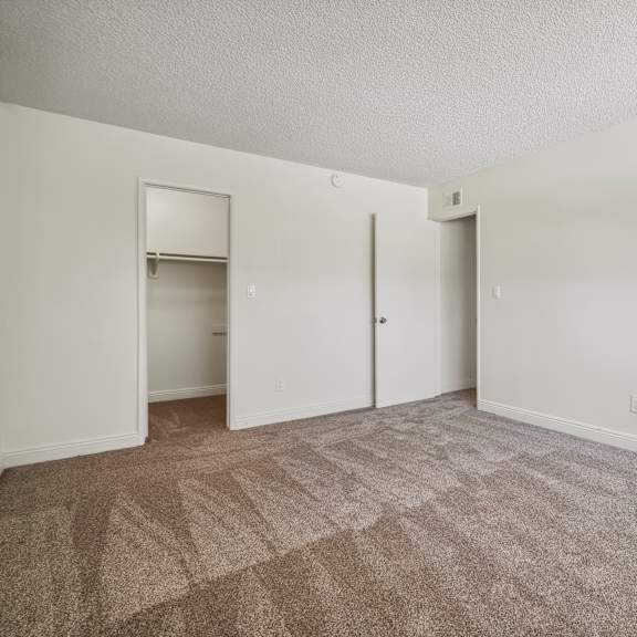 a carpeted room with a door and a closet.