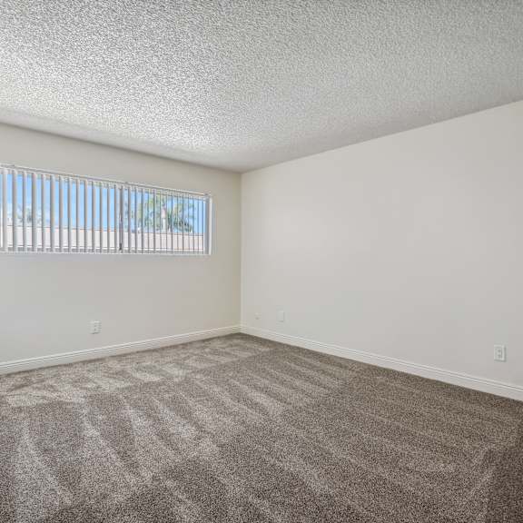a room with a carpeted floor and a window with blinds.