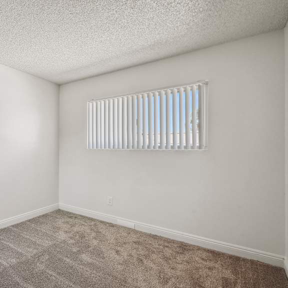 a room with a carpeted floor and a window with blinds.
