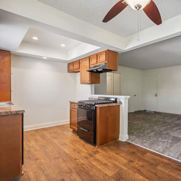 a room with a wood floor and a ceiling fan.