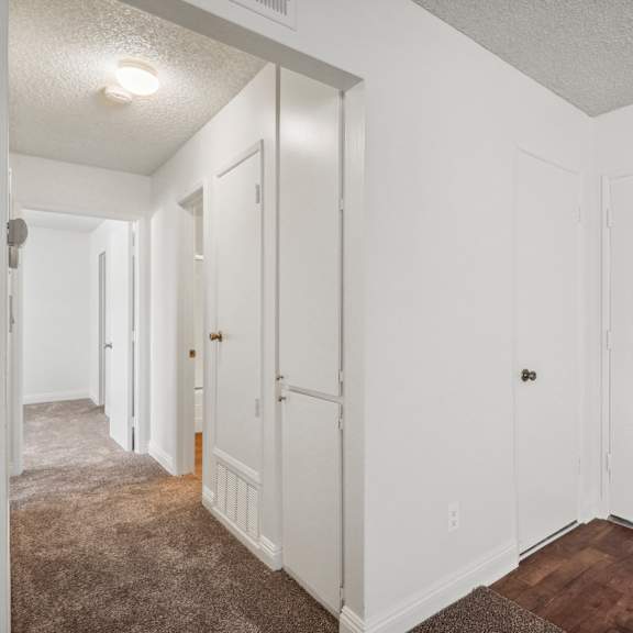 a long hallway with white doors and carpeted floors.