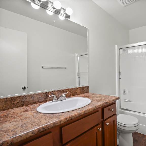 a bathroom with a sink, toilet, and shower.