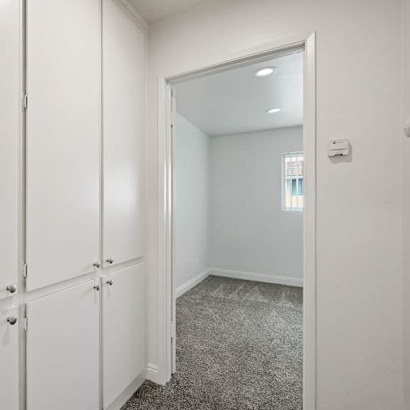 a white closet with a mirror and a carpeted floor.