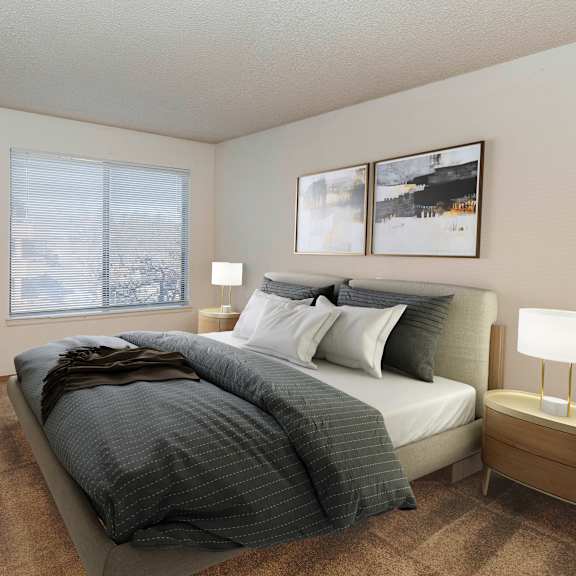 a bedroom with a large bed and a chair.