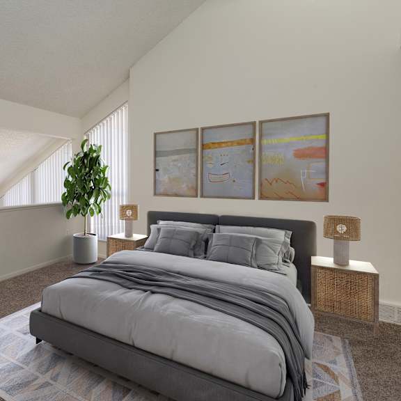 a bedroom with a large bed and a potted plant.