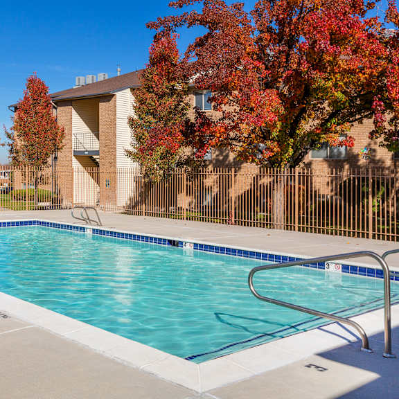 a small pool surrounded by a fence with trees in the background.