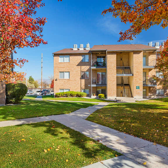 a building with a red tree in front of it.