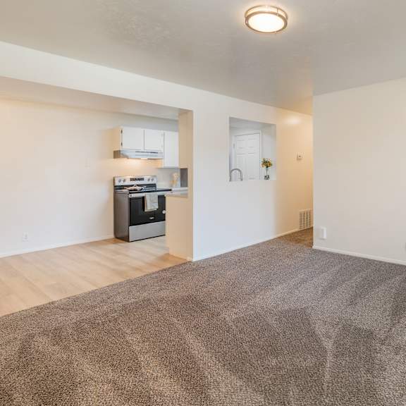 a large, empty room with a carpeted floor and a kitchen area visible through a glass door.