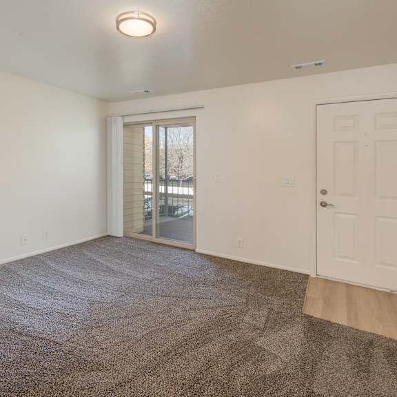 a room with a carpeted floor and a sliding glass door.