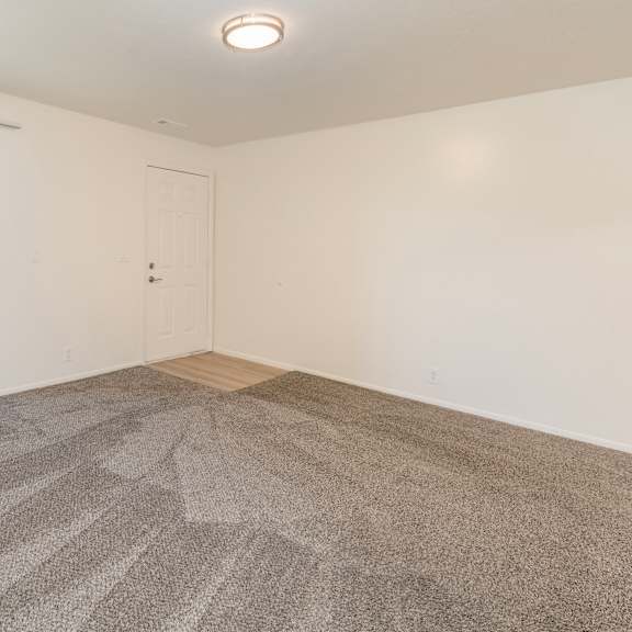 a room with a carpeted floor and a sliding glass door.