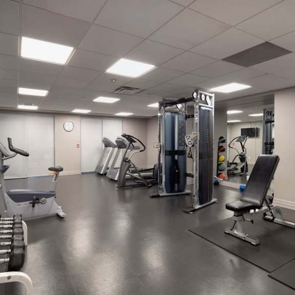 this is a photo of the gym at harvard square apartments in dallas, tx