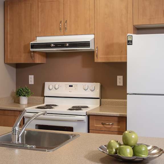 a kitchen with a sink stove and refrigerator