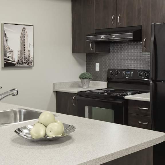 a kitchen with a black refrigerator freezer next to a stove top oven