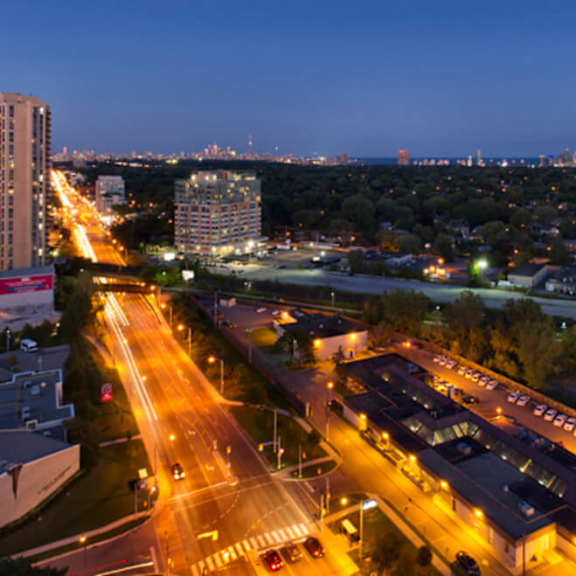 an aerial view of a city at night