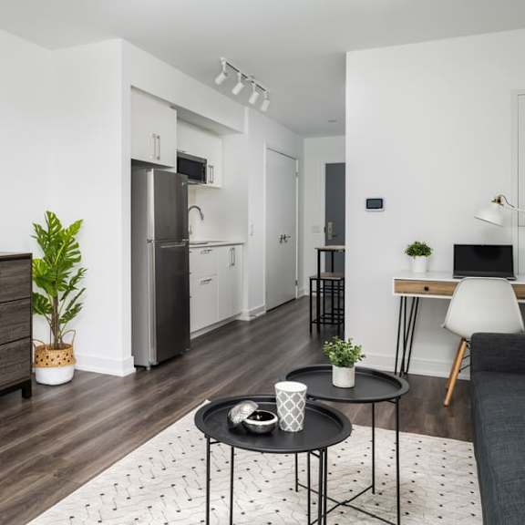 a living room with white walls and a black and white rug