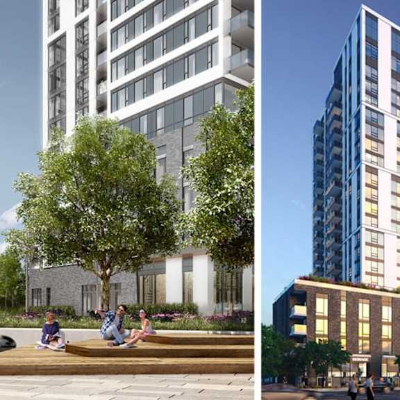 a rendering of a building with a large tree in front of it and another rendering of the