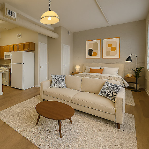 a living room with a couch, table, and chairs.