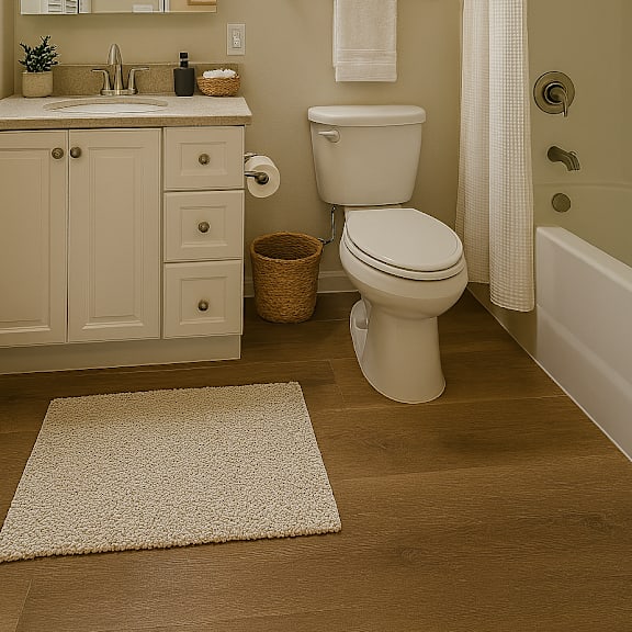 a white toilet sits in a bathroom next to a sink and a mirror.