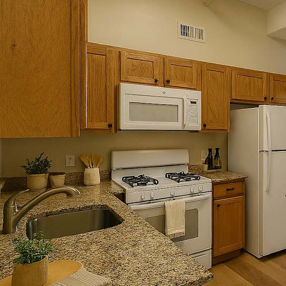 a kitchen with a granite counter top and white appliances.