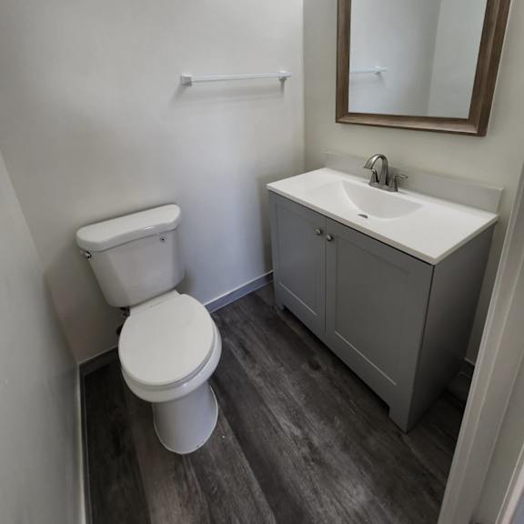 a white toilet sits next to a sink in a small bathroom.