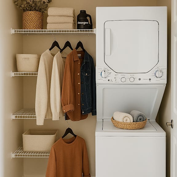 a small laundry room with a washer and dryer and clothes hanging up.