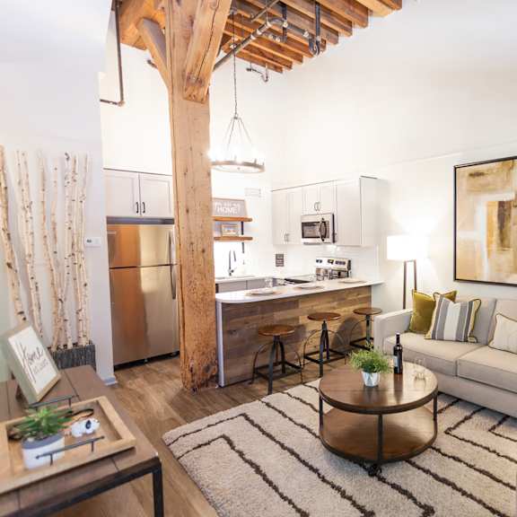 modern and bright living room at freightyard townhomes and flats, minnesota, 55401