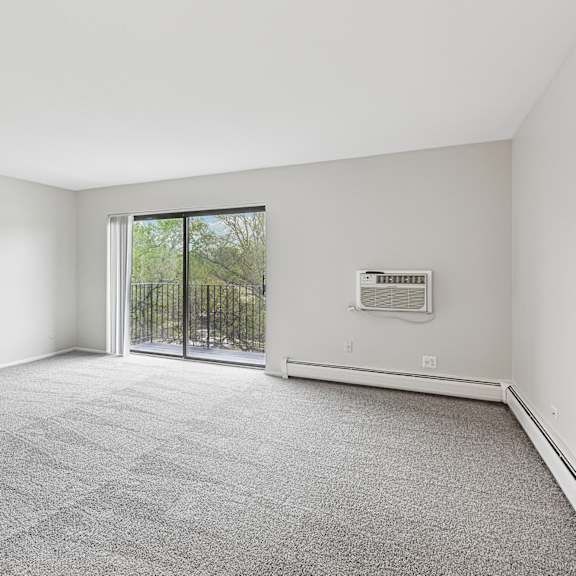 a room with a grey carpet and a sliding glass door.