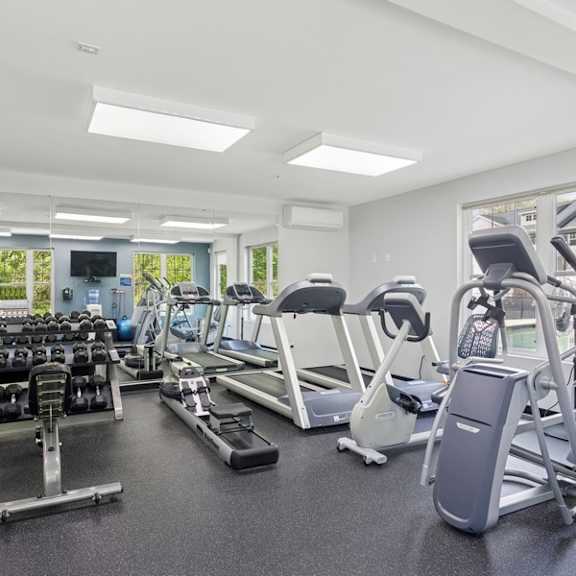 a gym with treadmills, weights, and exercise machines.