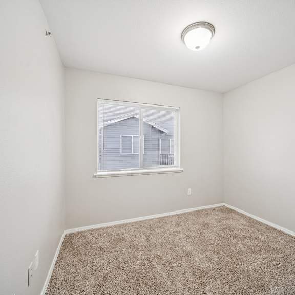 a room with a carpeted floor and a window.