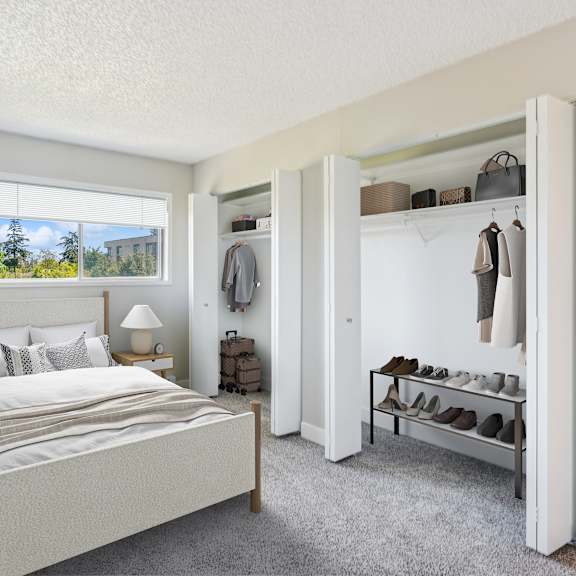 a bedroom with a large bed, a window with a view, and a shoe rack.
