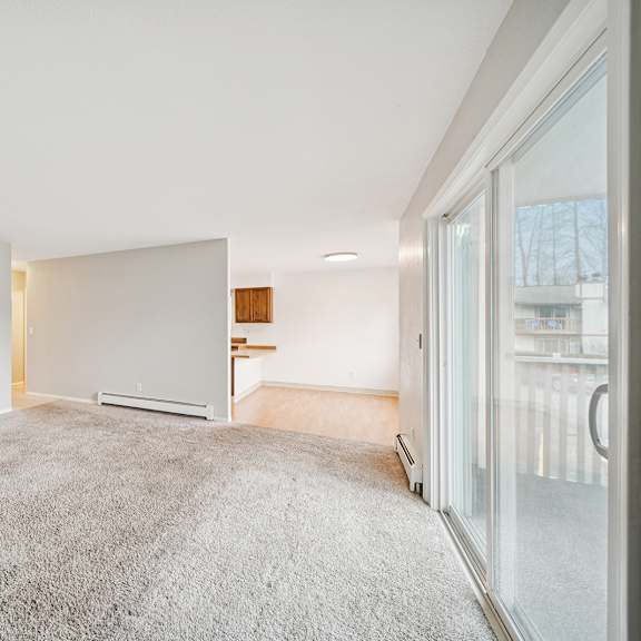 a room with a grey carpet and a white wall.