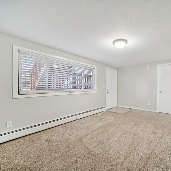 a room with a carpeted floor and a window with blinds.
