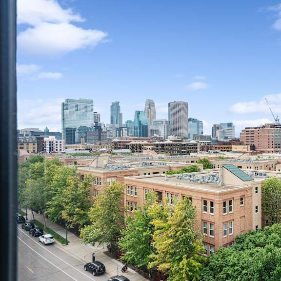 a view of the minneapolis skyline at gaar scott historic lofts, minneapolis, minnesota