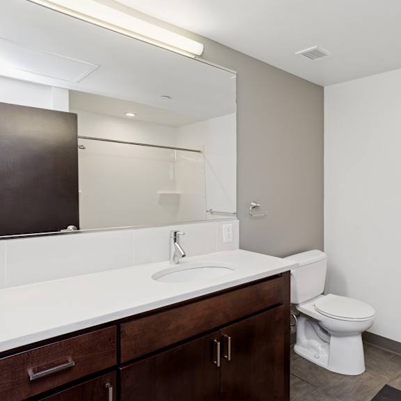 a white sink is in a bathroom with a toilet and a shower.