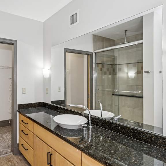 a bathroom with a sink, mirror, and a shower.