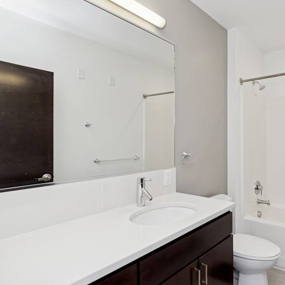 a white sink in a bathroom with a toilet and a shower.