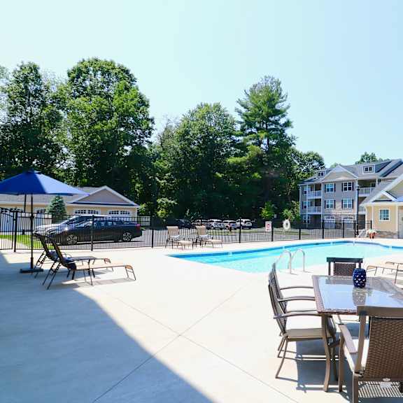 exterior view of outdoor seating and pool at mallory ridge, bloomfield, 06002