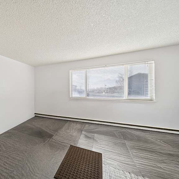 a room with a window and a grey carpet.